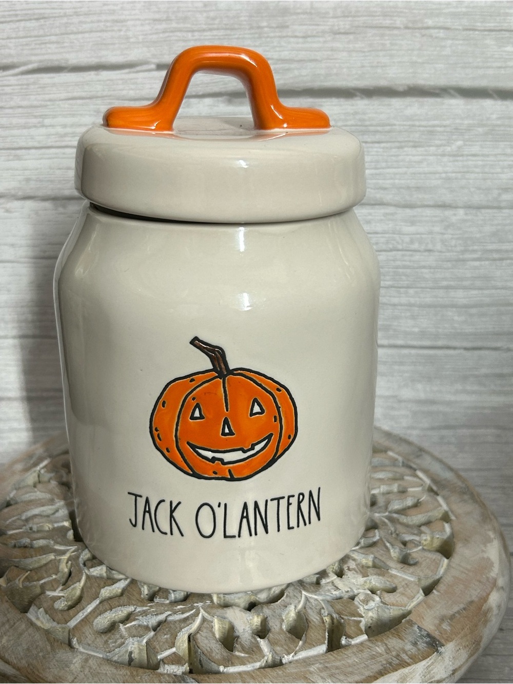 Rae Dunn Jack O'Lantern Cookie Jar with Orange Handle